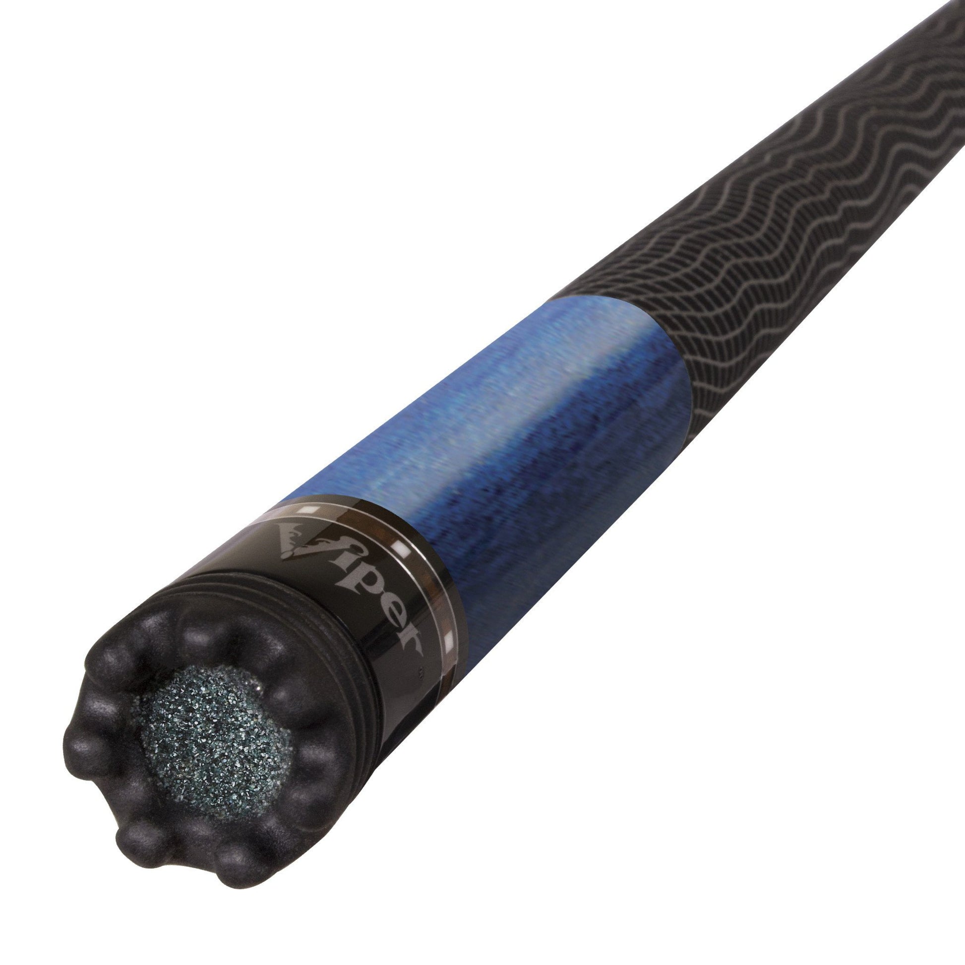 Cue stick with black textured shaft, blue wrapped grip section, and black ferrule with gray sparkle tip