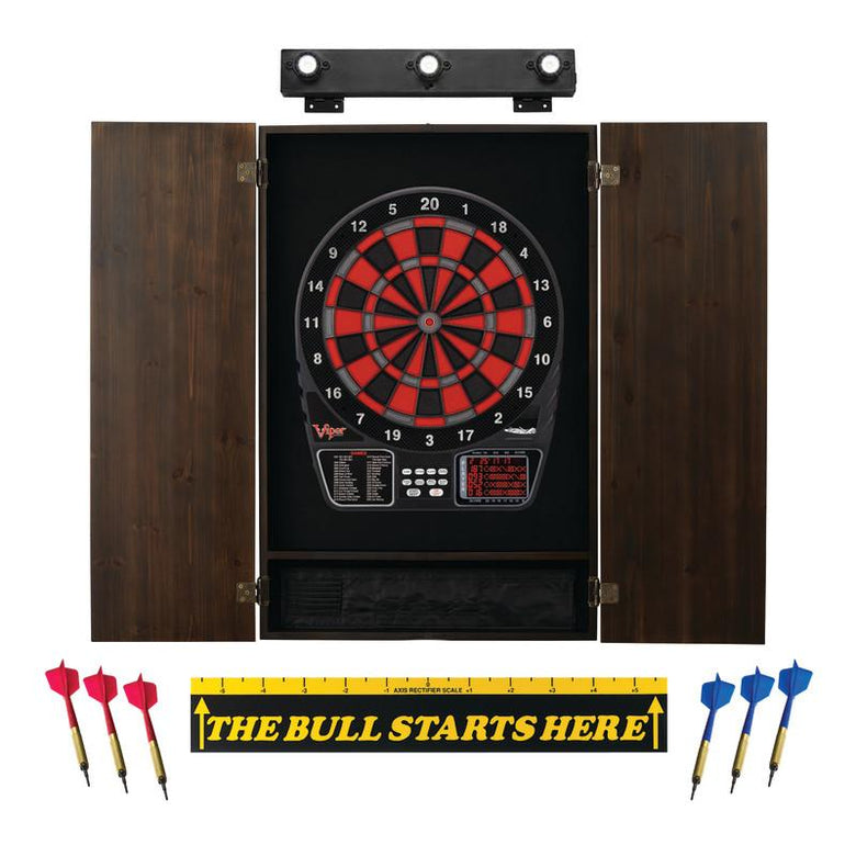 Viper 797 Electronic Dartboard, Metropolitan Espresso Cabinet, Throw Line Marker & Shadow Buster Dartboard Light Bundle Darts Viper 