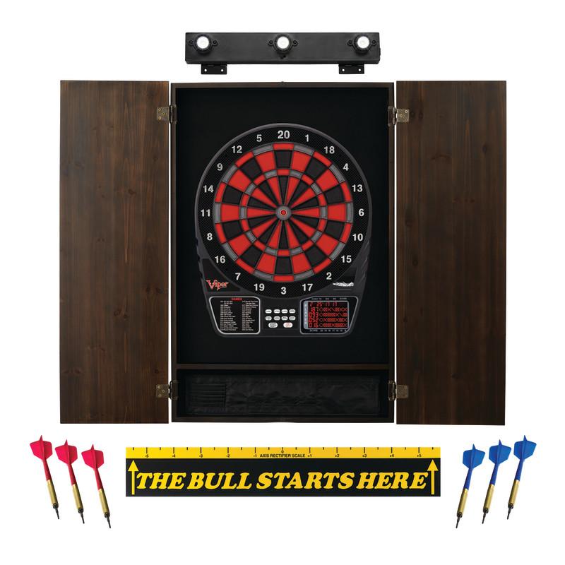 Viper 797 Electronic Dartboard, Metropolitan Espresso Cabinet, Throw Line Marker & Shadow Buster Dartboard Light Bundle Darts Viper 