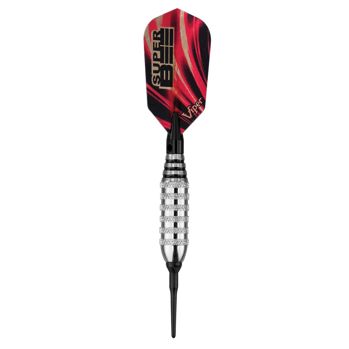Dart with red and black striped flight, black shaft with silver and black grip rings, and pointed tip