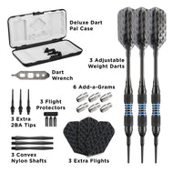 Three black darts with gray diamond flights and blue grip bands, plus case and accessories