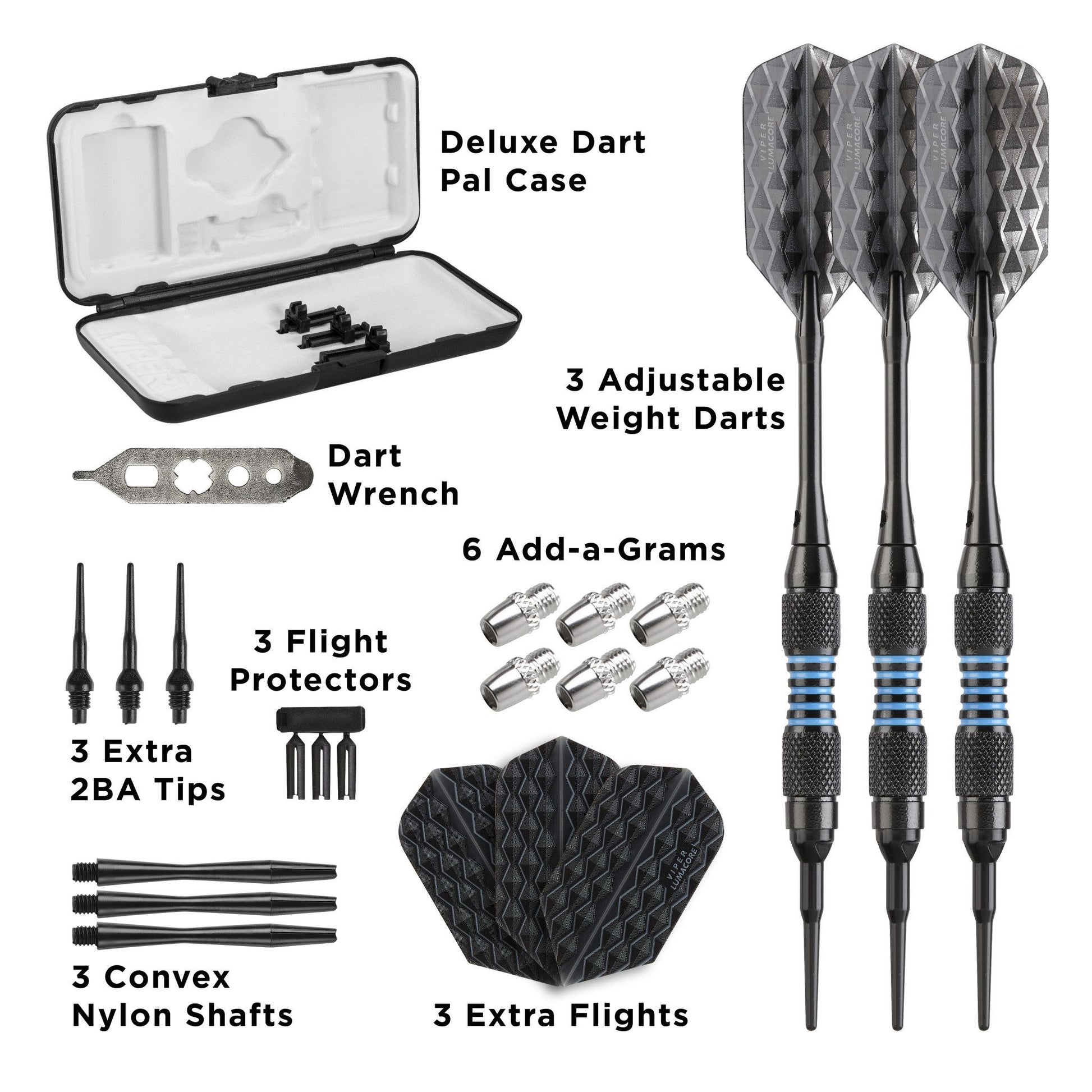 Three black darts with gray diamond flights and blue grip bands, plus case and accessories