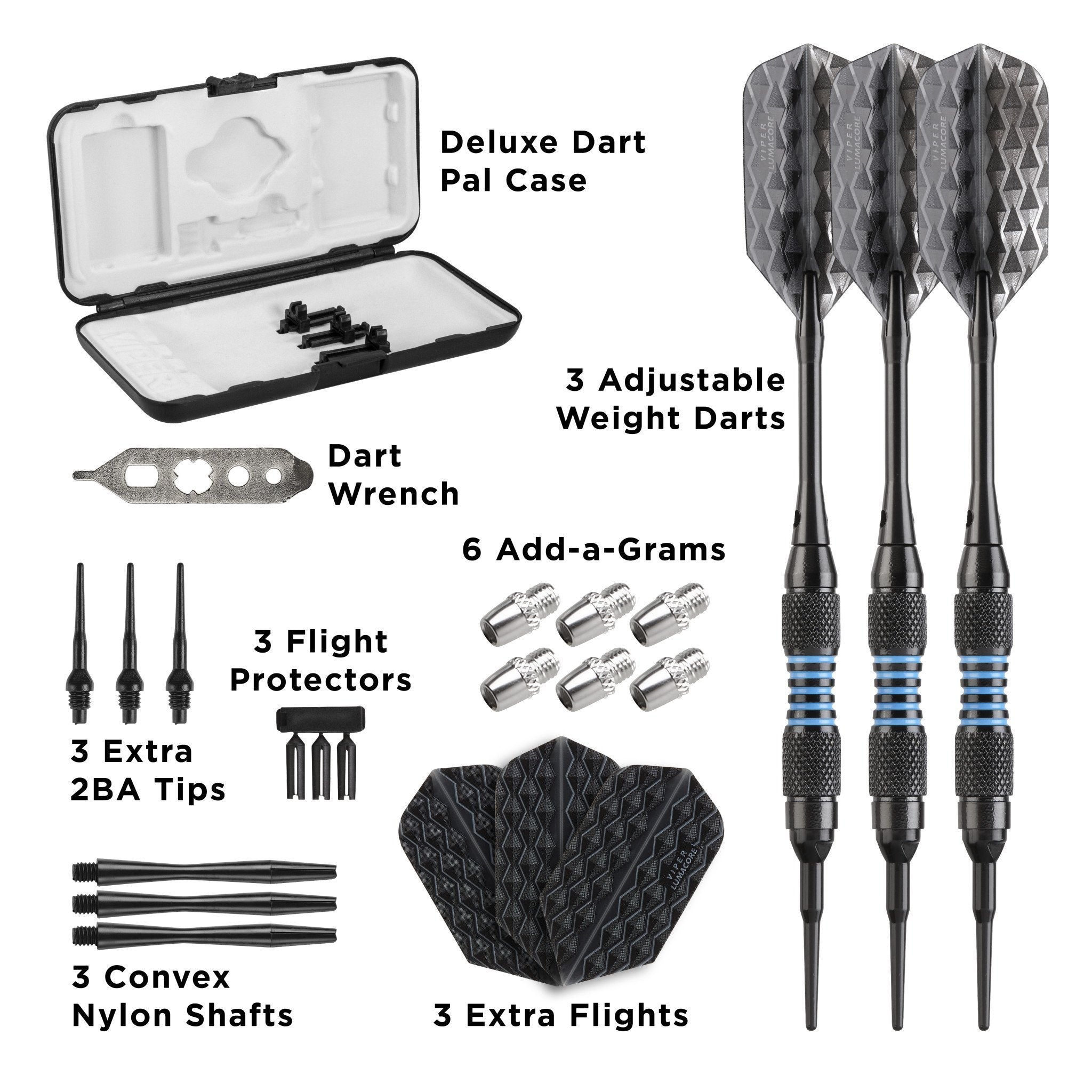 Three black darts with gray diamond flights and blue grip bands, plus case and accessories