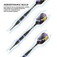 Three darts with black barrels, purple bands, and patterned flights with airflow lines
