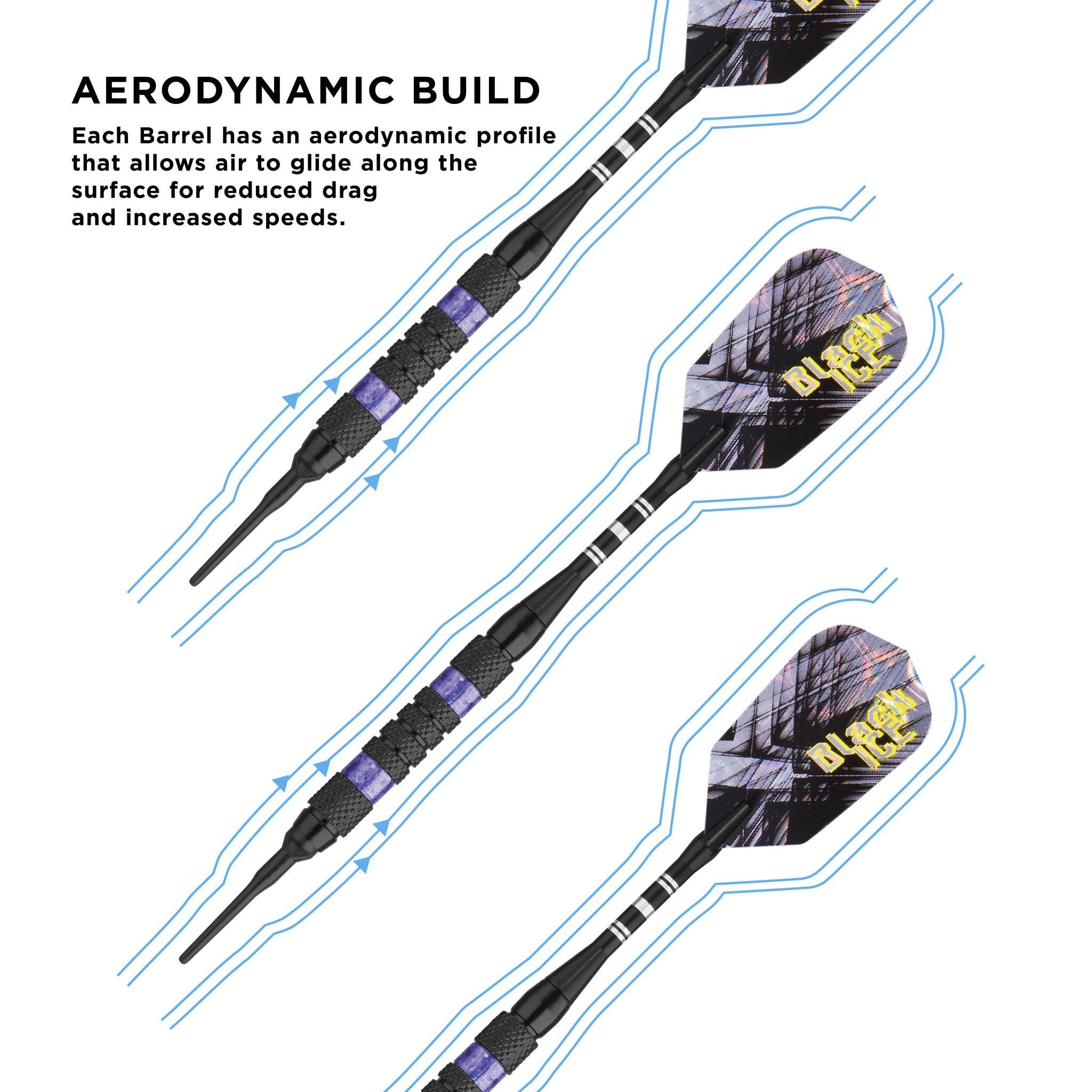 Three darts with black barrels, purple bands, and patterned flights with airflow lines