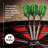 Three soft-tip darts with green flights and metal barrels standing in a dartboard, 18 grams each