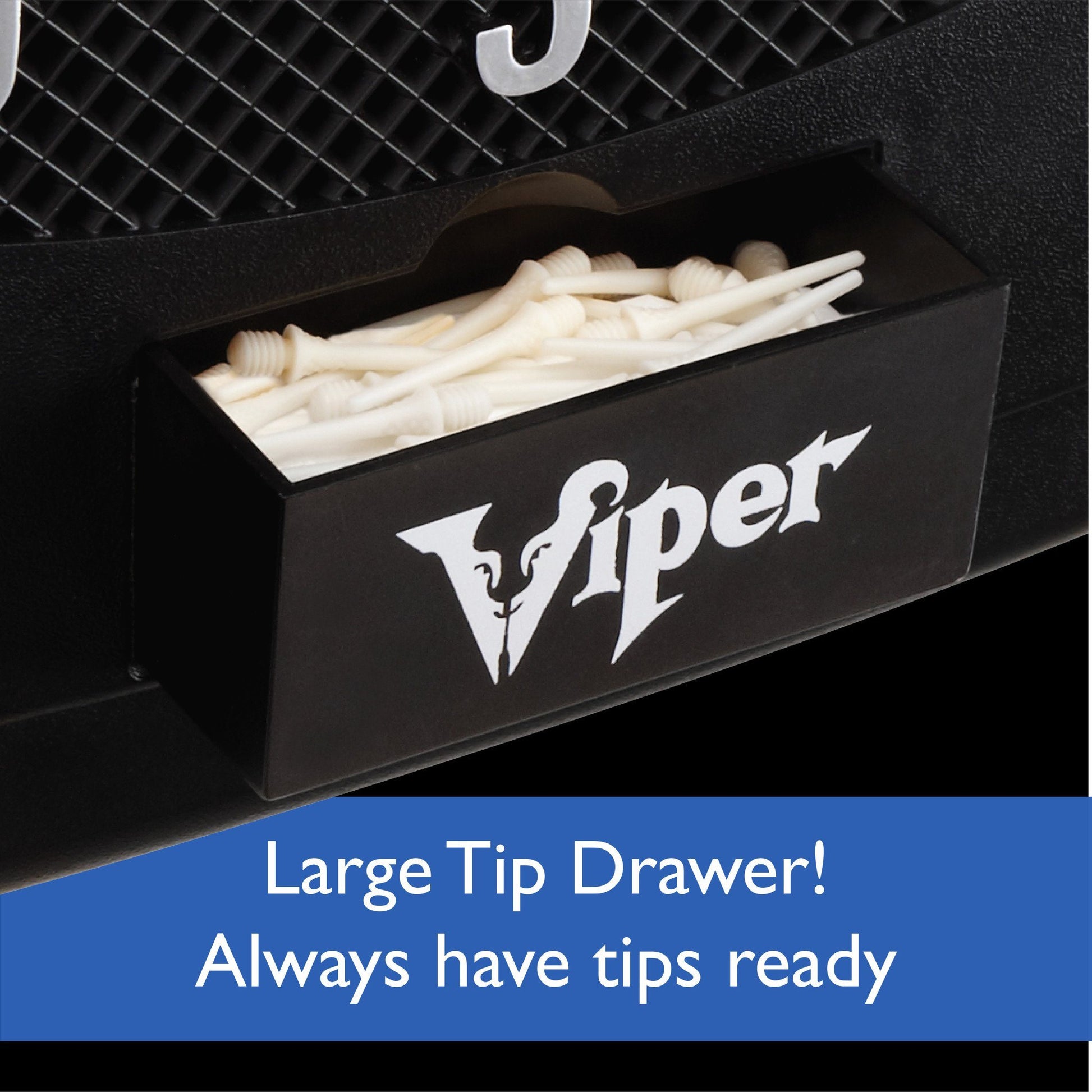 Black Viper tip drawer with white cue tips inside and white logo on front panel