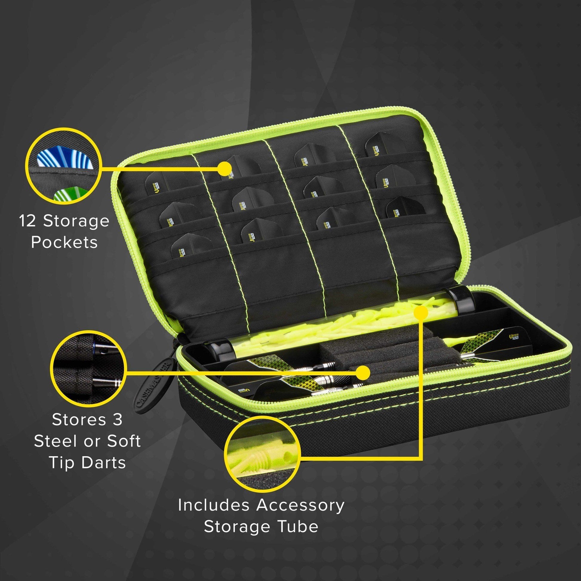 Open dart case with neon yellow trim and black interior with 12 storage pockets