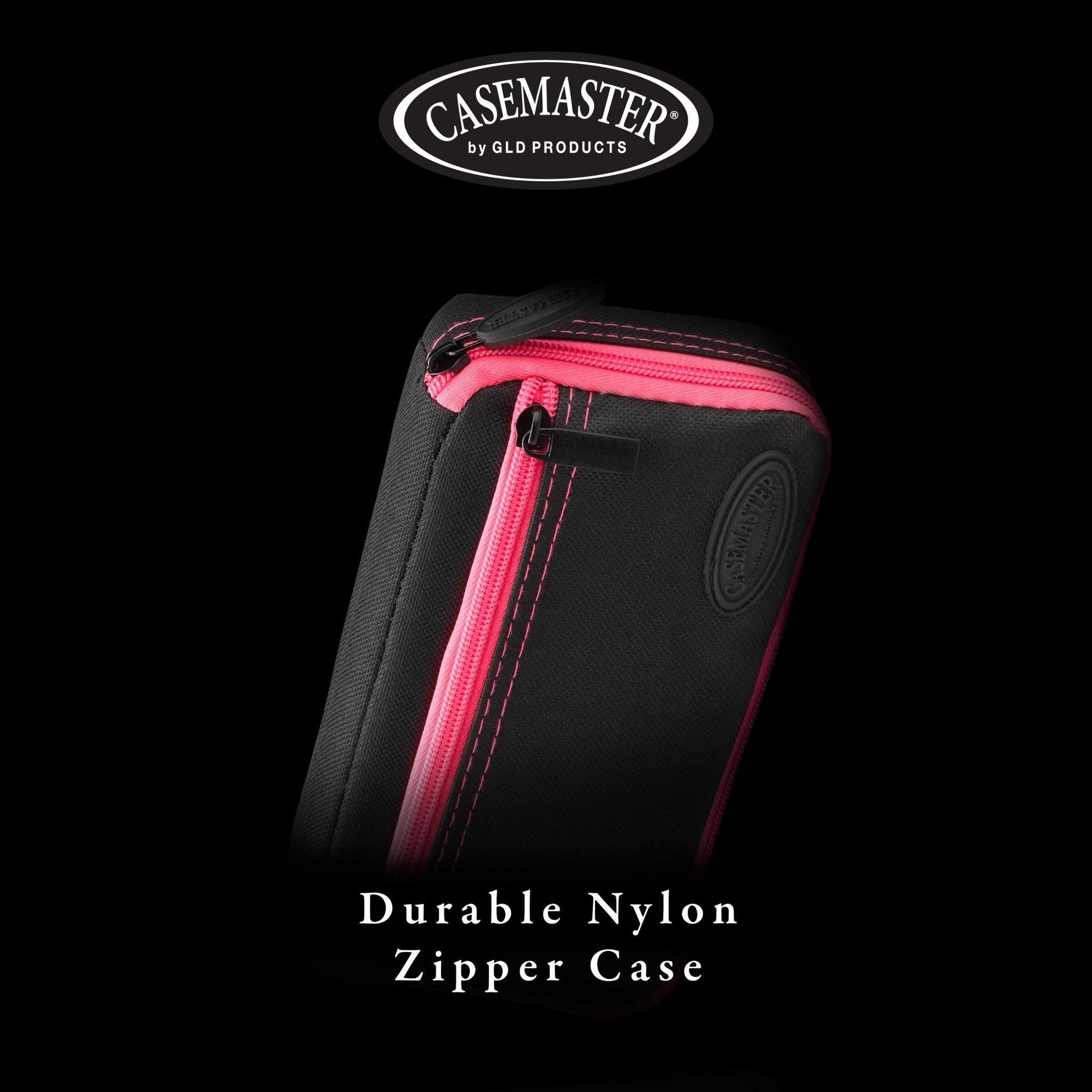 Casemaster by GLD Products black nylon dart case with hot pink zipper and trim against black background