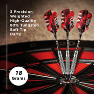 Three red and black soft tip darts with tungsten barrels in a dartboard, 18 grams each