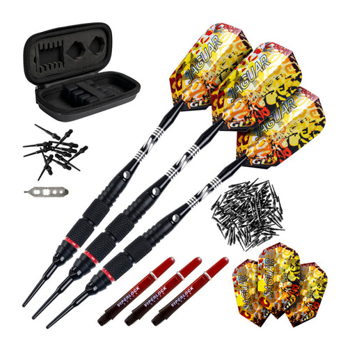 Viper Jaguar 80% Tungsten Soft Tip Darts 2 Knurled Rings 18 Grams, Black and Red Accessory Set with Case