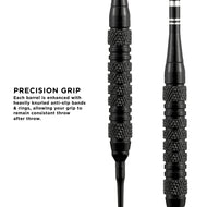 Two black darts with textured knurled grip bands and black smooth rings separating grip sections