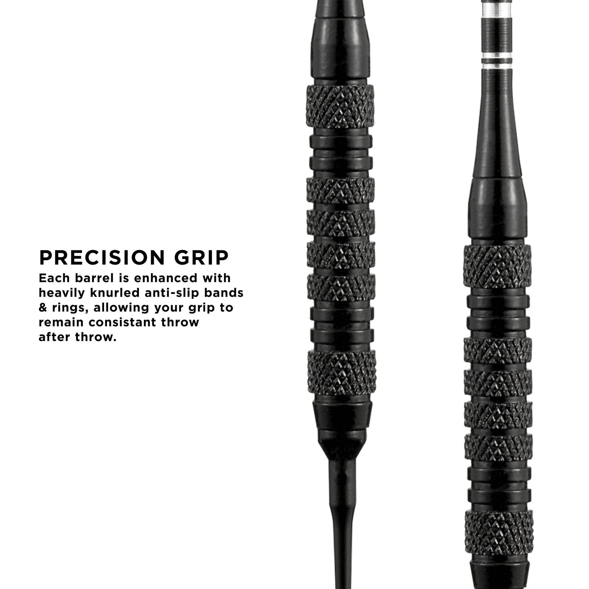 Two black darts with textured knurled grip bands and black smooth rings separating grip sections