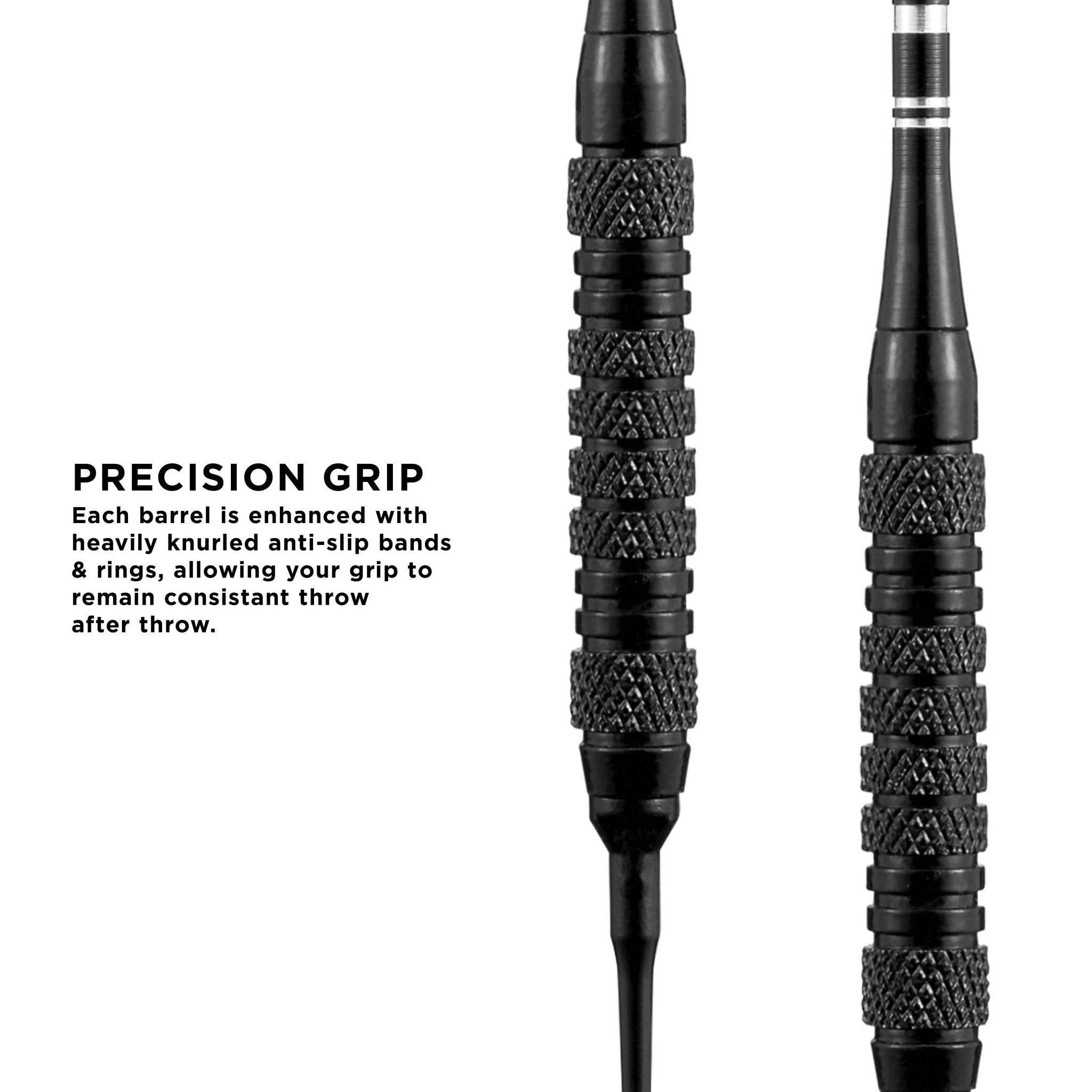 Two black darts with textured knurled grip bands and black smooth rings separating grip sections