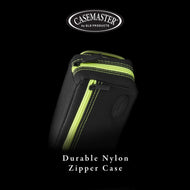 Black nylon dart case with neon yellow trim, zipper pocket, and embossed logo on front