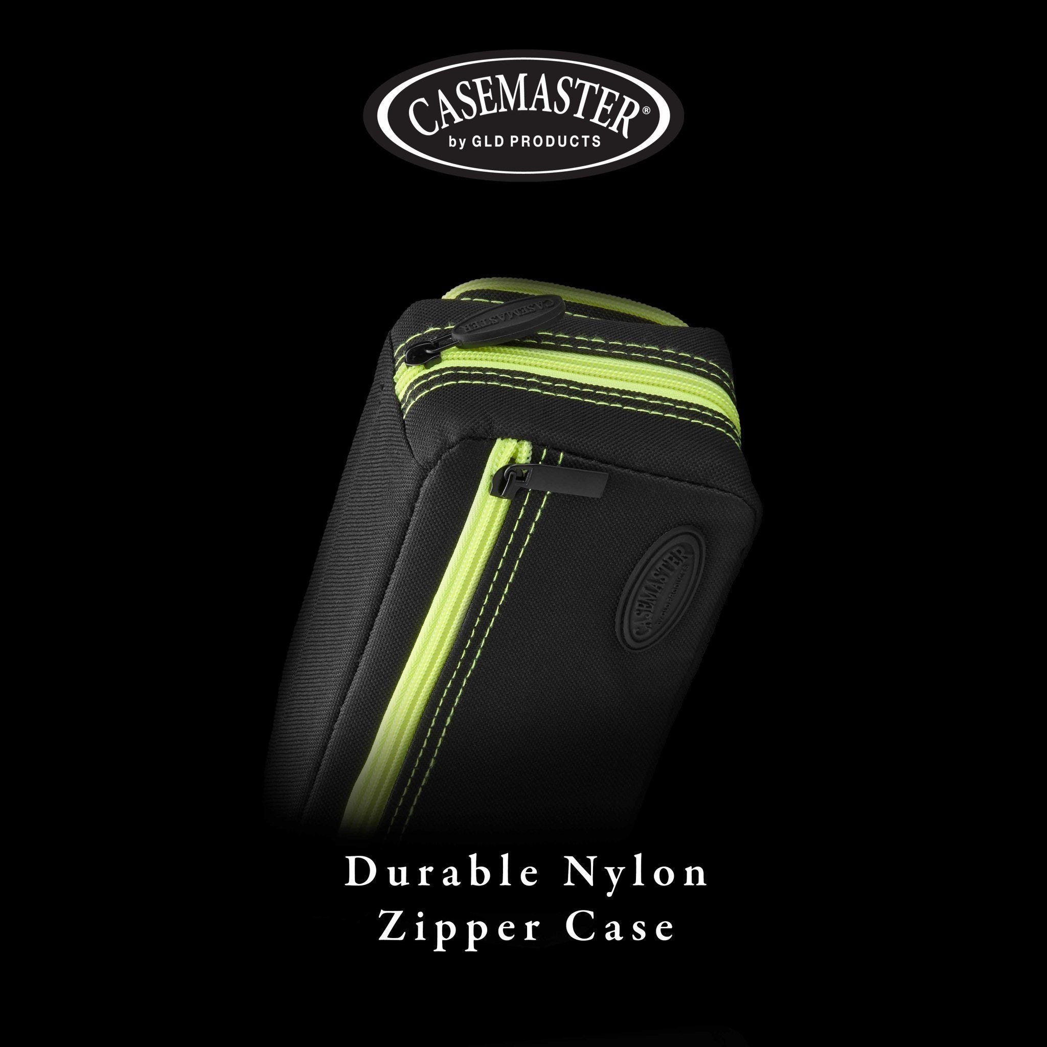 Black nylon dart case with neon yellow trim, zipper pocket, and embossed logo on front