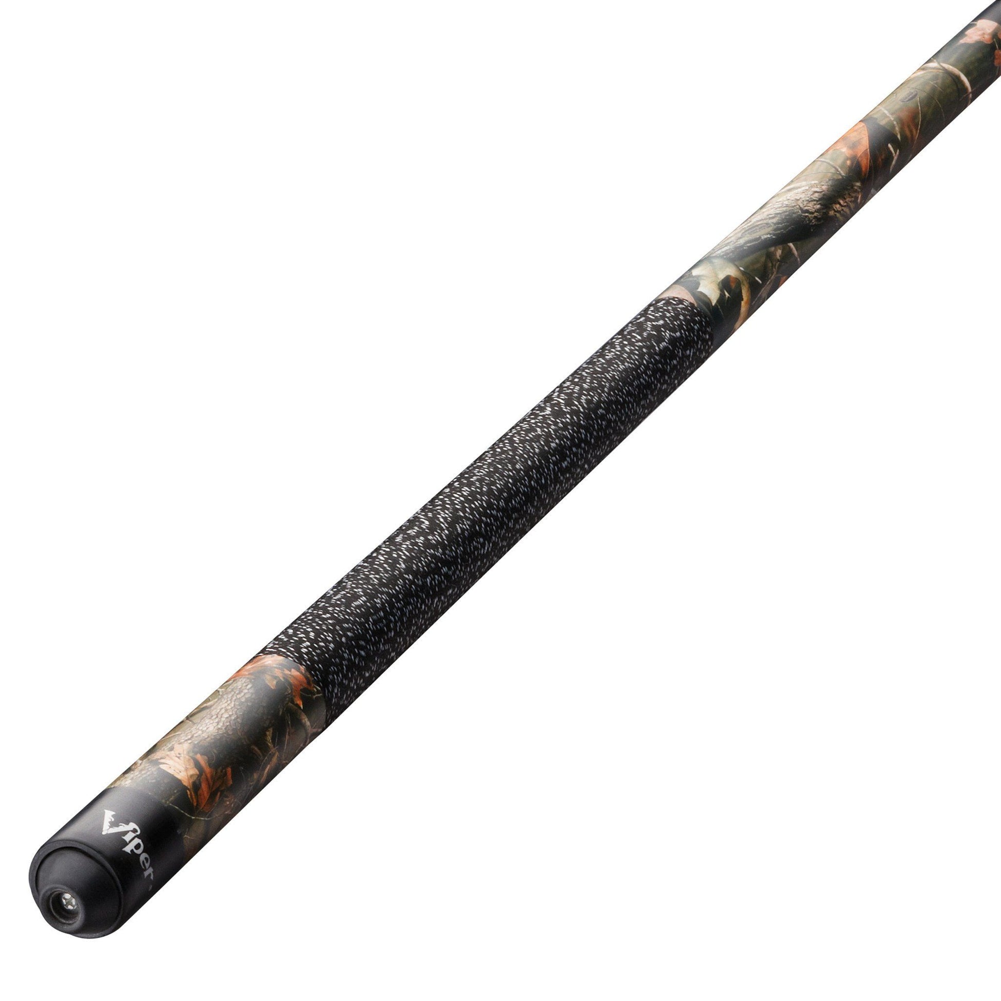 Billiards cue stick with camouflage brown and black shaft, black textured grip section, and black ferrule end