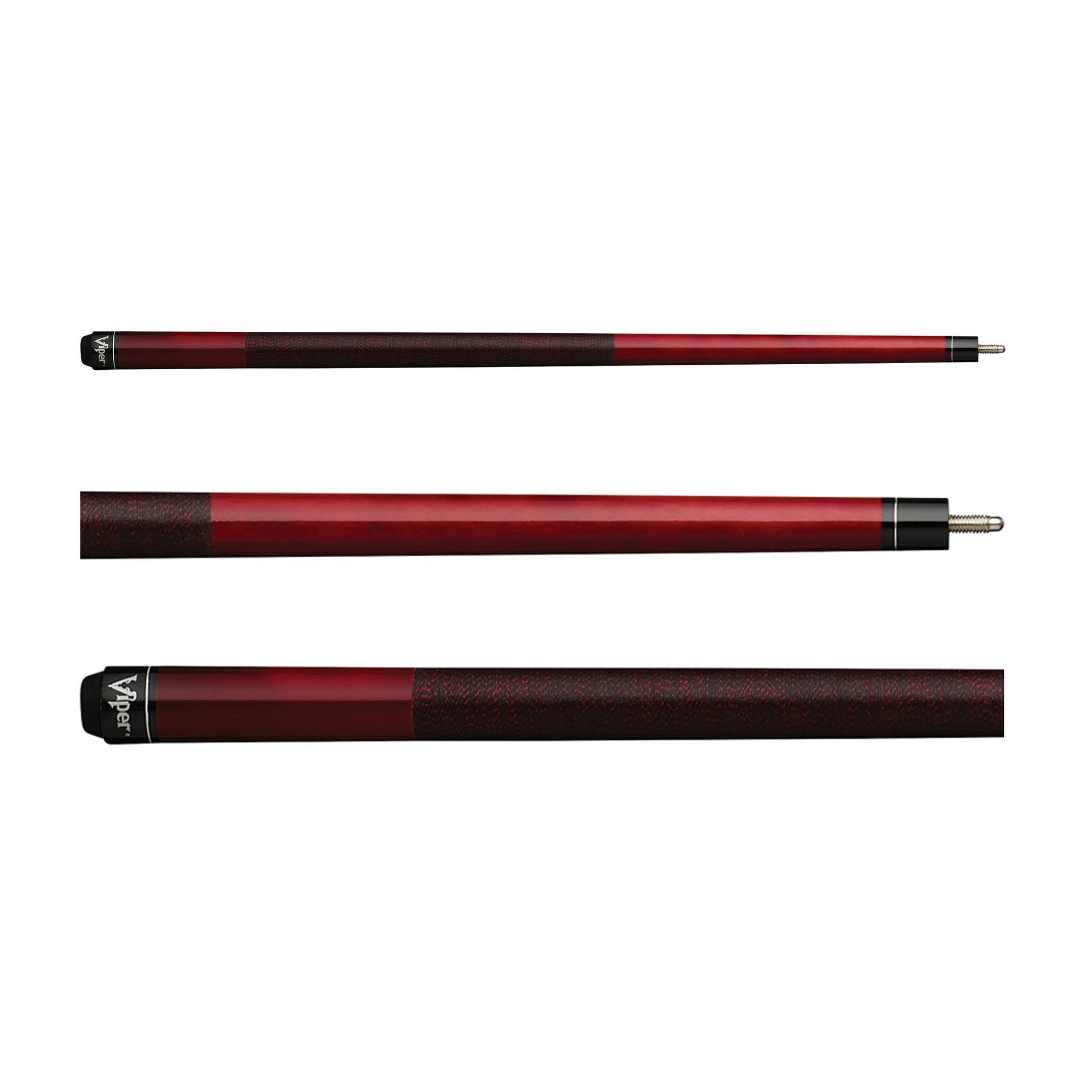 Three billiard cue sticks with red and dark brown wrapping, shown horizontally at different angles