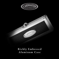 Casemaster aluminum dart case with silver top, black ribbed body, and metal latch closure