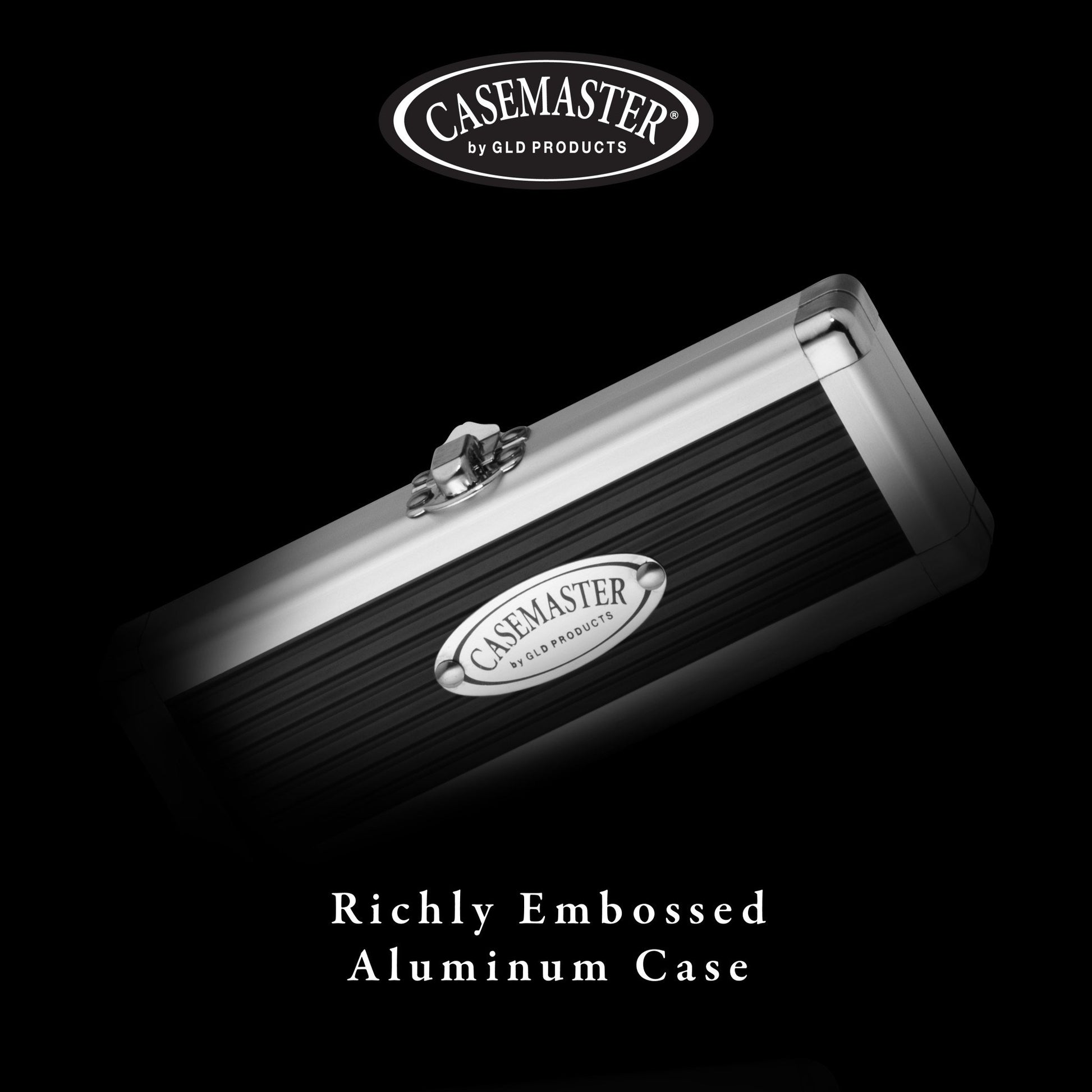 Casemaster aluminum dart case with silver top, black ribbed body, and metal latch closure