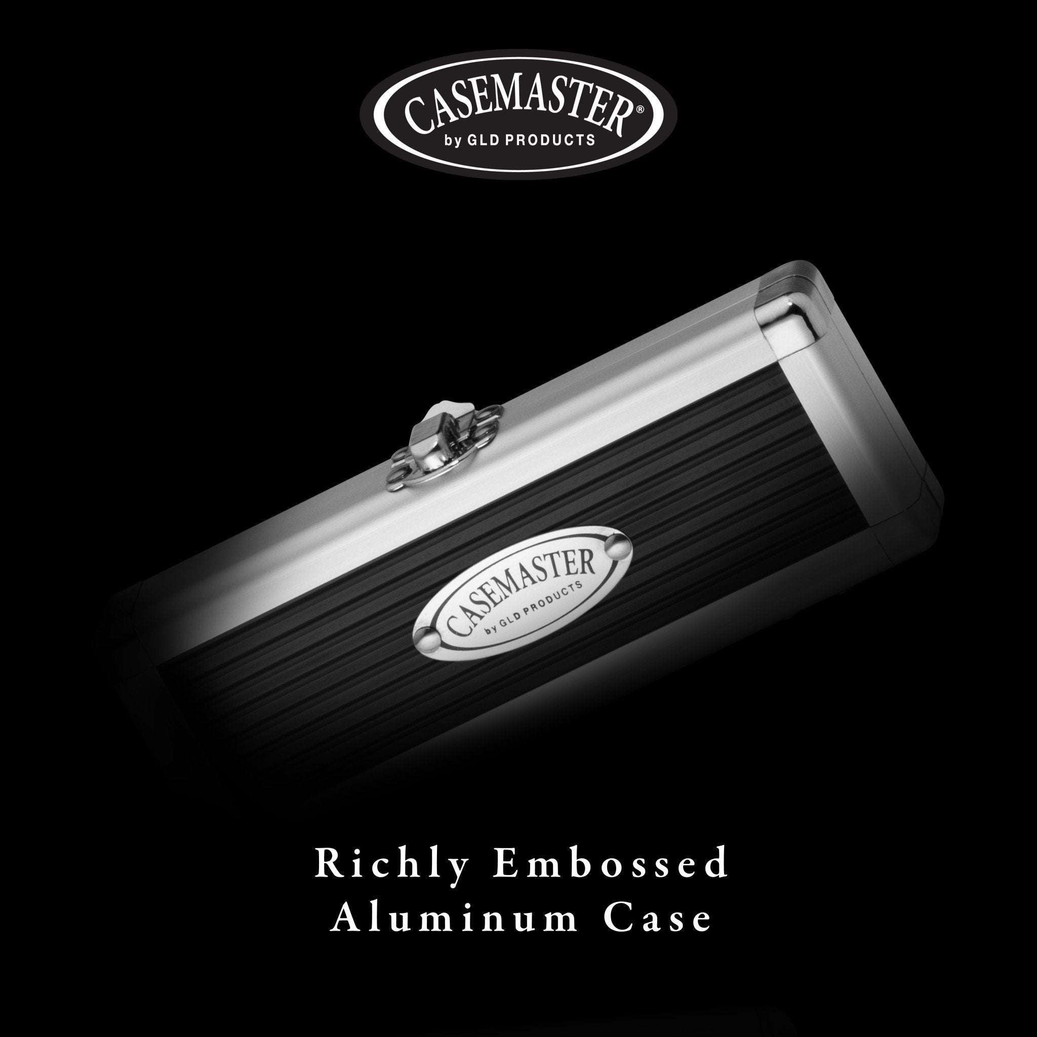 Casemaster aluminum dart case with silver top, black ribbed body, and metal latch closure