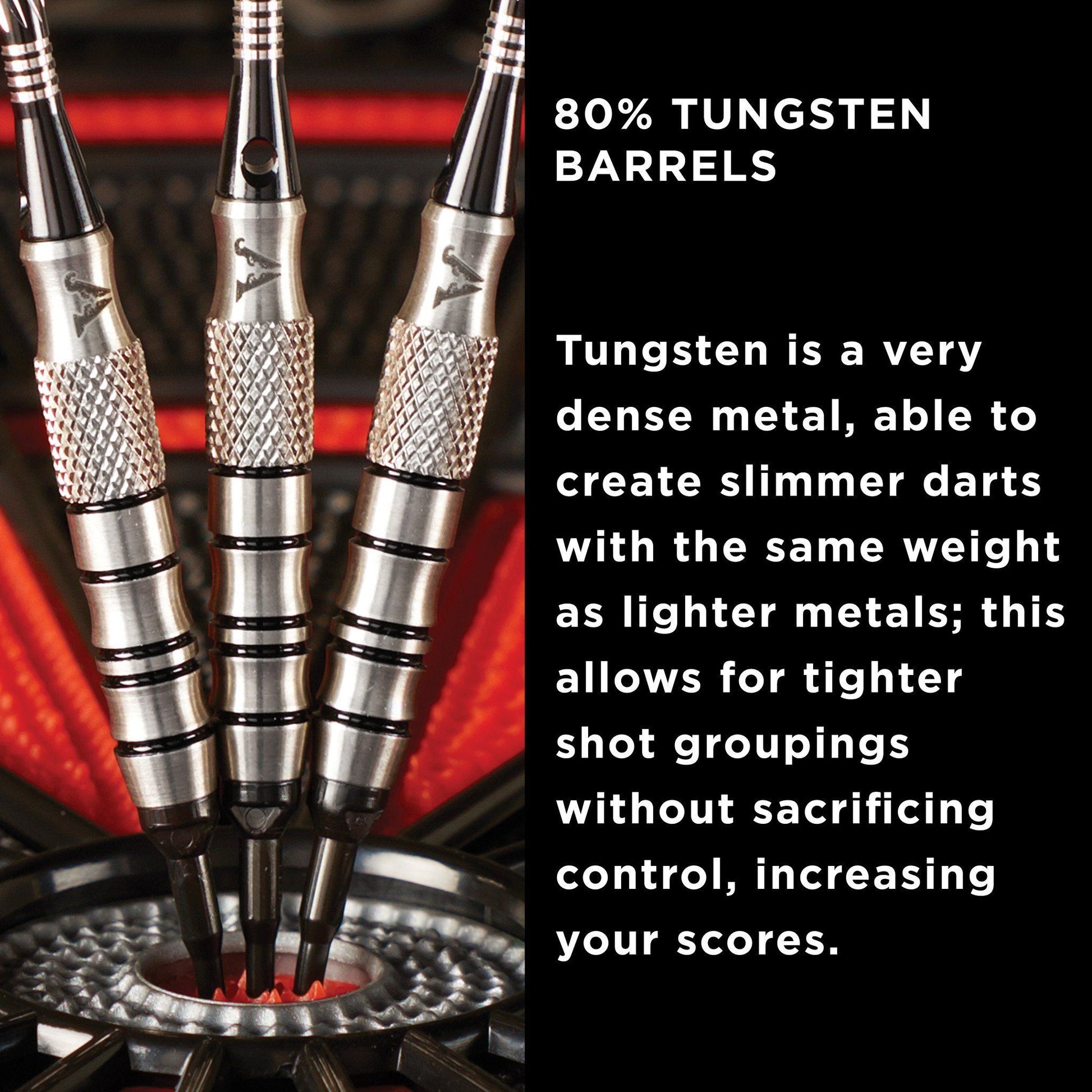 Three silver darts with textured grips in a red dartboard