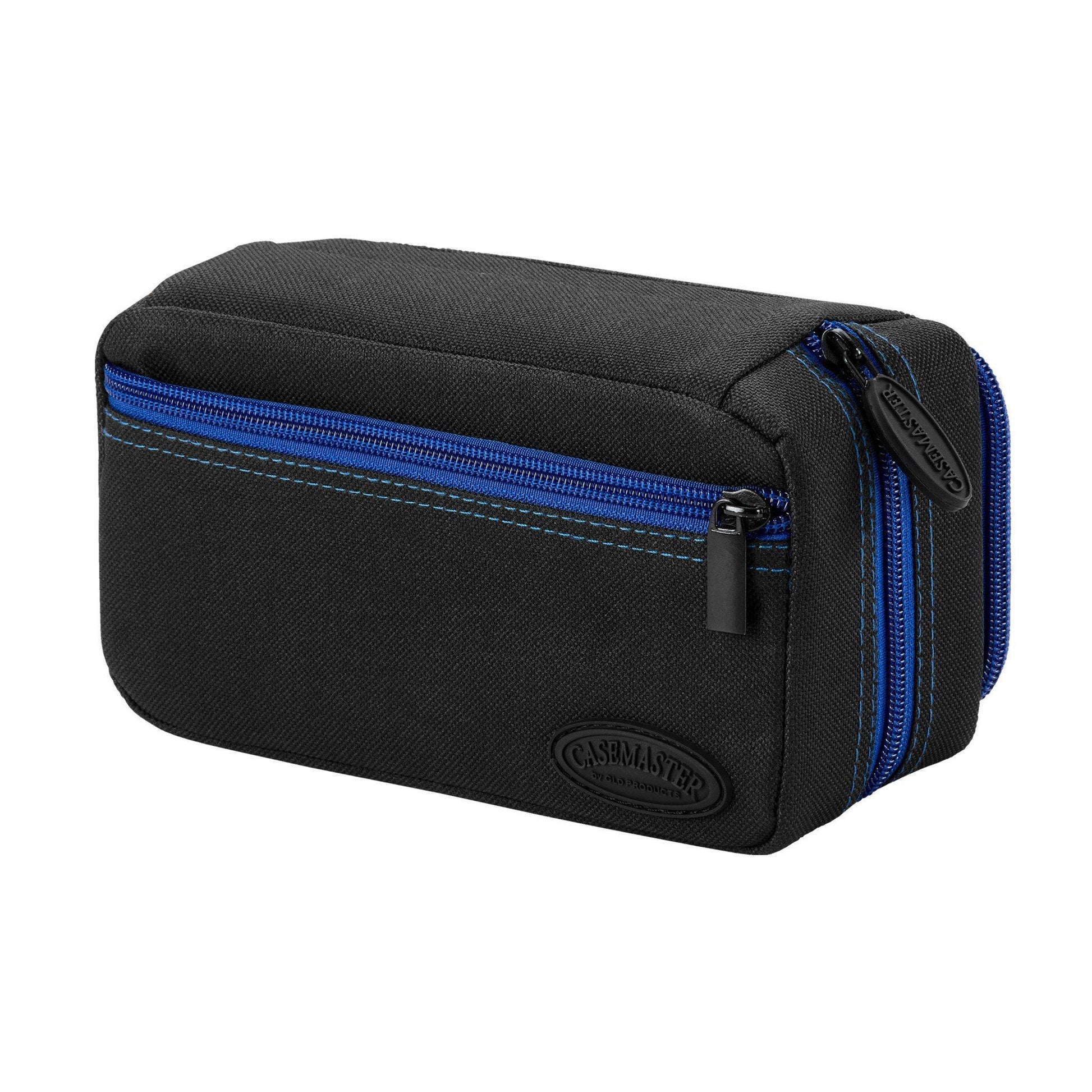 Black nylon dart case with blue zippered accents and embossed brand logo on front