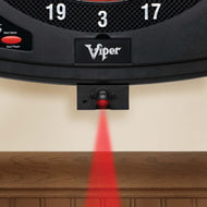 Electronic dartboard with red laser line projector mounted below scoring ring