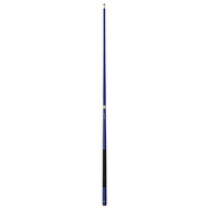 Dark blue cue stick with black grip section and silver ferrule bands against white background