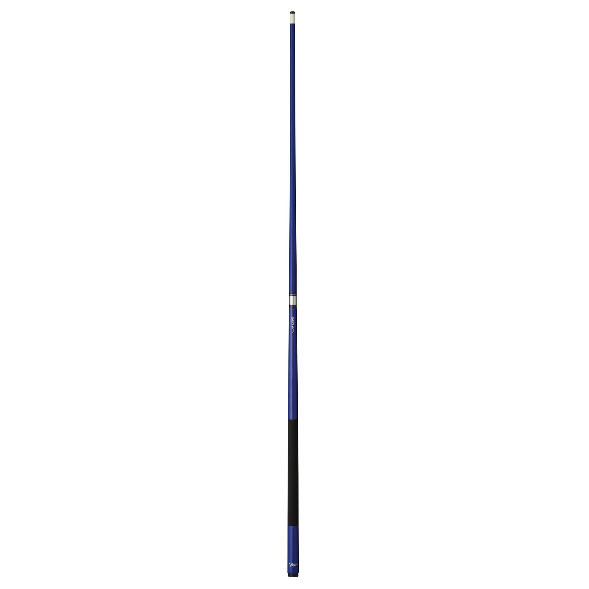Dark blue cue stick with black grip section and silver ferrule bands against white background