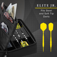 Black nylon dart case holding darts, flights, and accessories with two yellow darts displayed beside