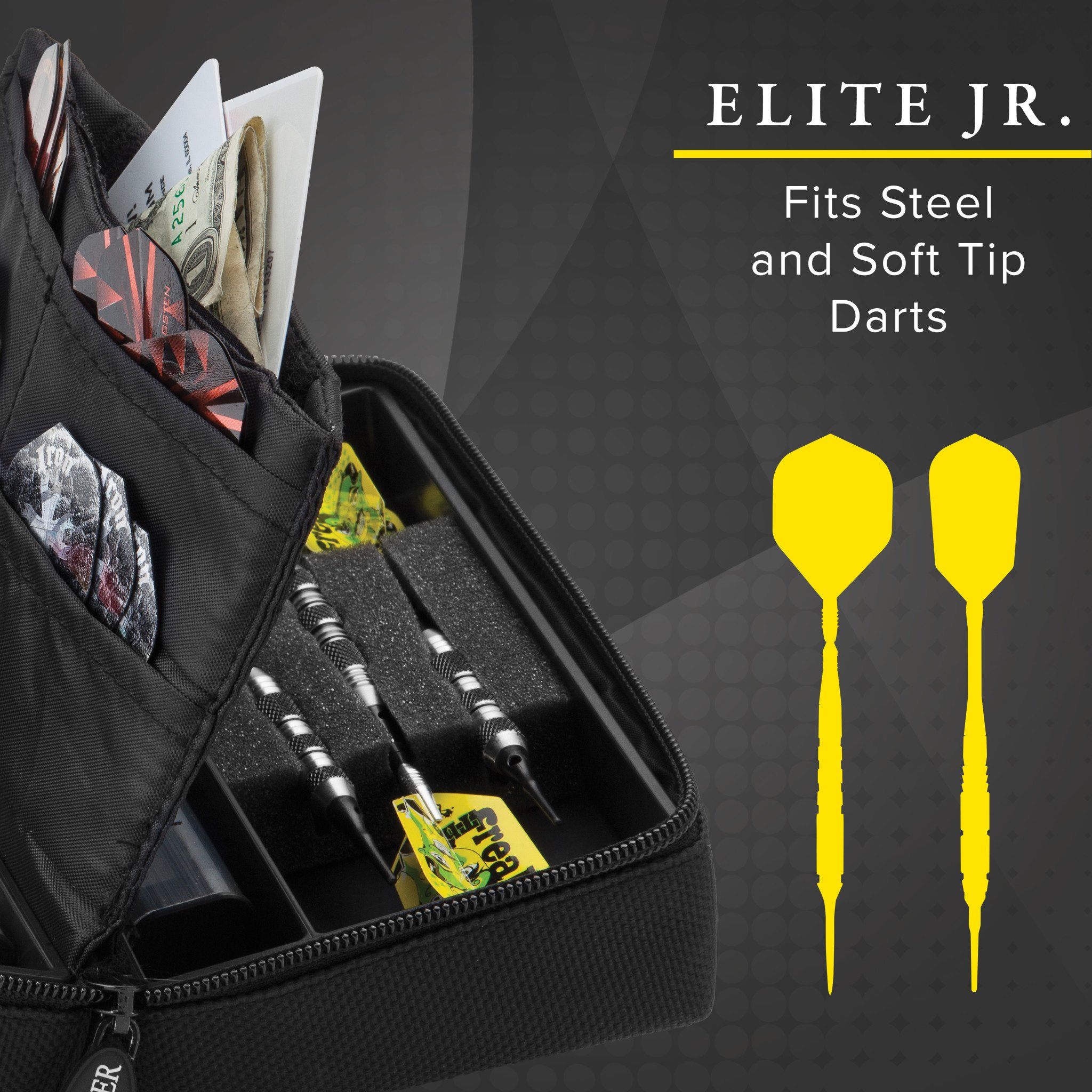 Black nylon dart case holding darts, flights, and accessories with two yellow darts displayed beside