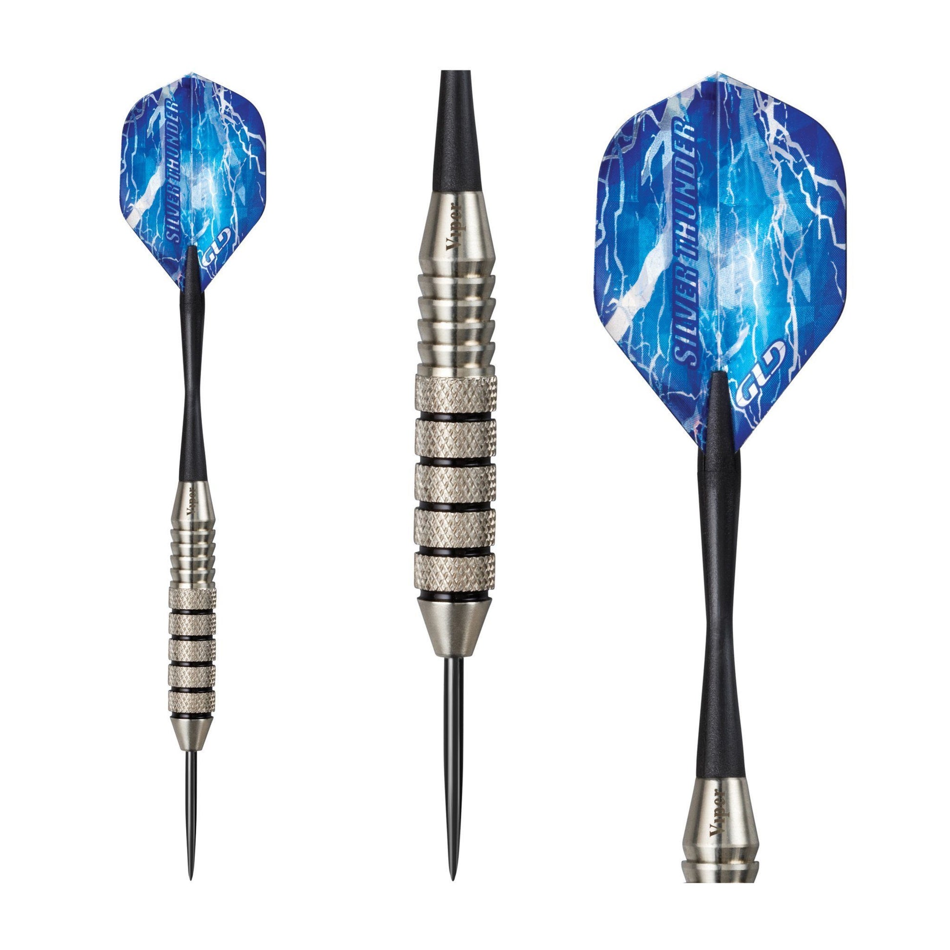 Three darts with blue lightning flights and metal barrels with textured grip sections