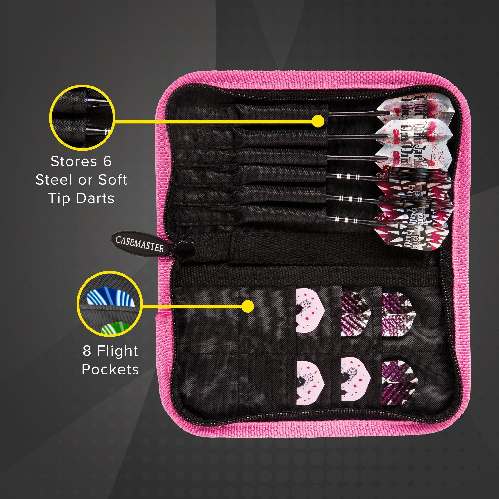 Pink nylon dart case with six darts and eight flight pockets inside black fabric compartments