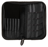 Black nylon dart case with zipper, interior mesh pockets, and slot dividers for dart storage