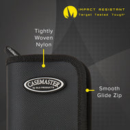 Black nylon dart case with yellow callout labels for material and zip features