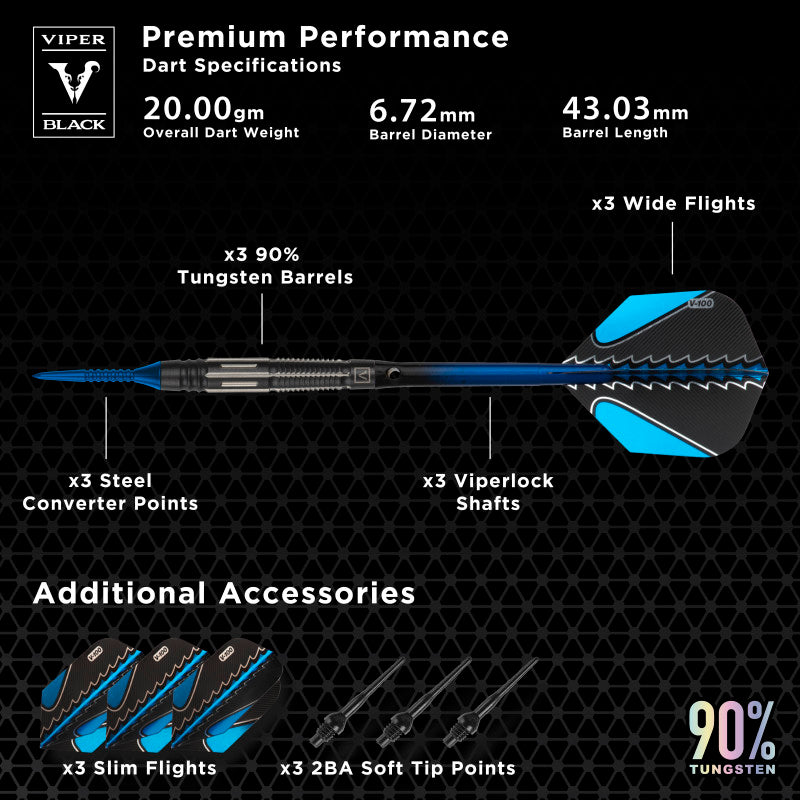 Viper Black Flux 90% Tungsten Steel or Soft Tip Conversion Darts Blue 20 Grams