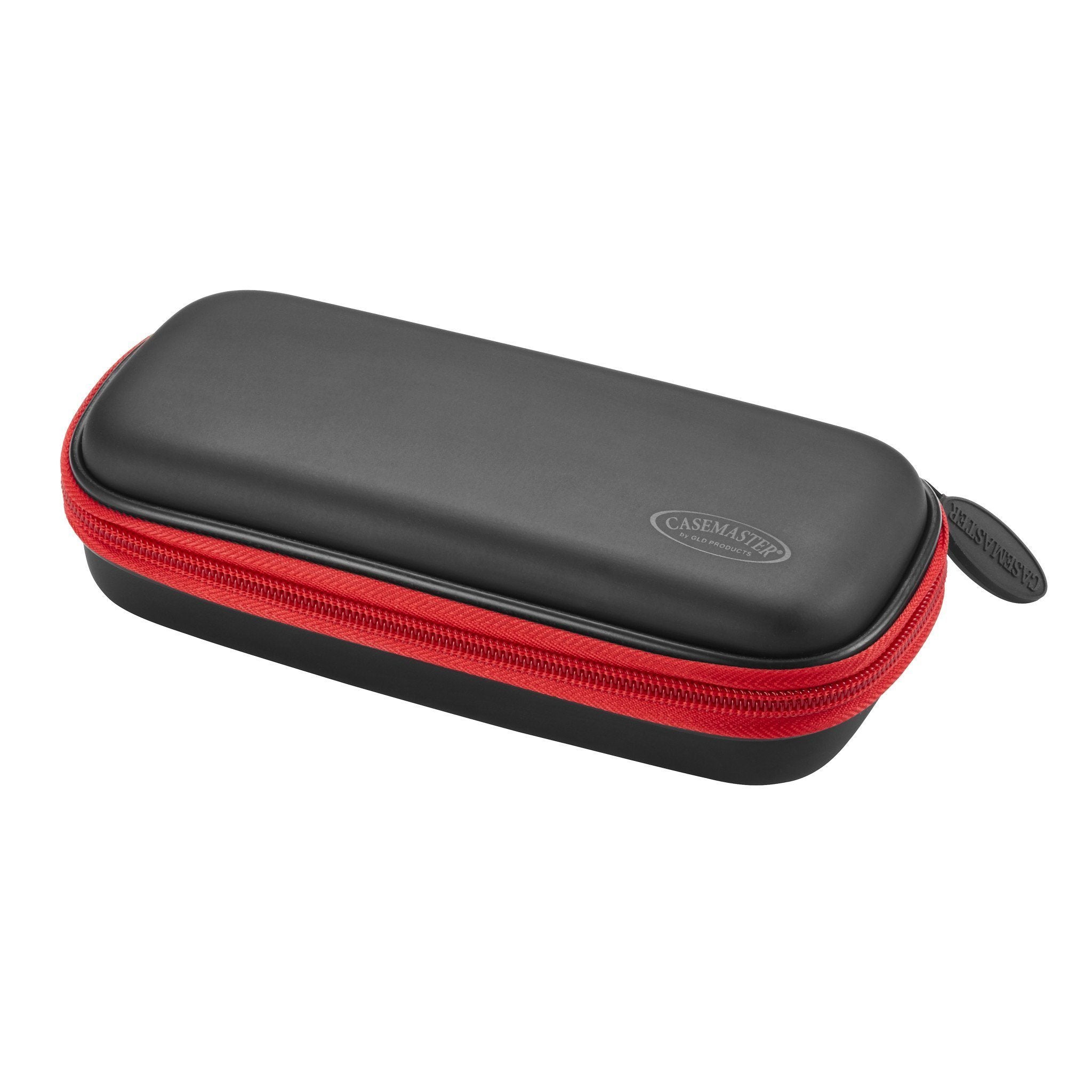 Black and red zippered dart case with carrying handle, rigid shell design with mesh pocket detail