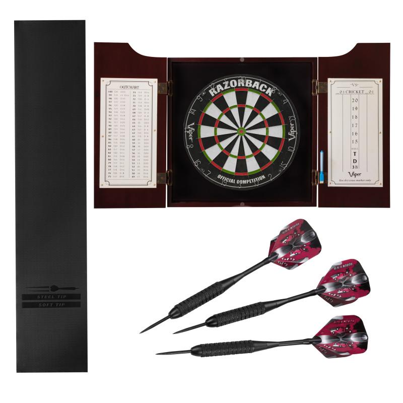 Viper Razorback Sisal Dartboard, Hudson Mahogany Cabinet, Padded Mat & Black Mariah Steel Tip Darts Darts Viper 