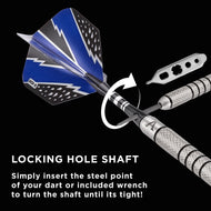 Blue and black dart with lightning design, metal shaft, and silver wrench tool