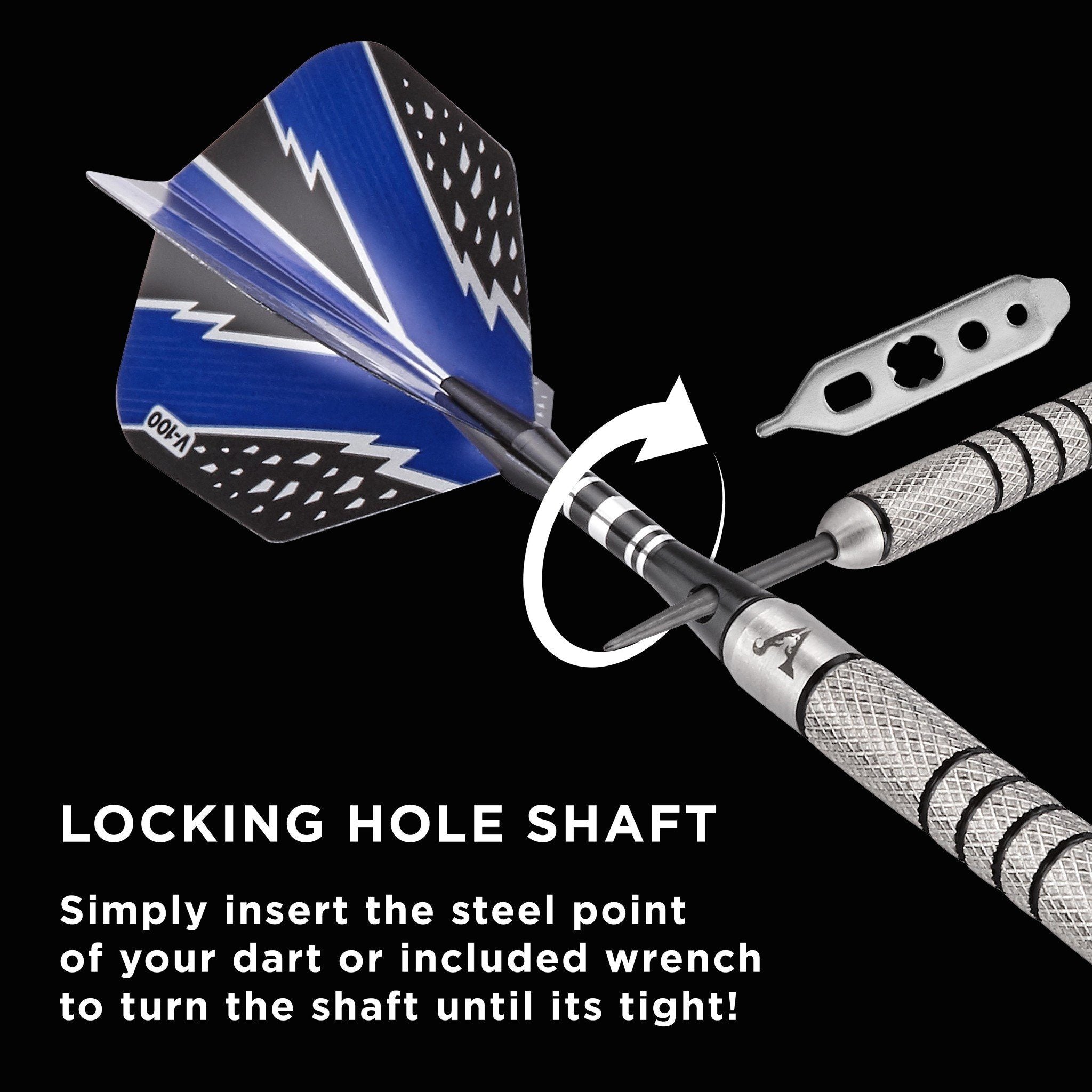 Blue and black dart with lightning design, metal shaft, and silver wrench tool