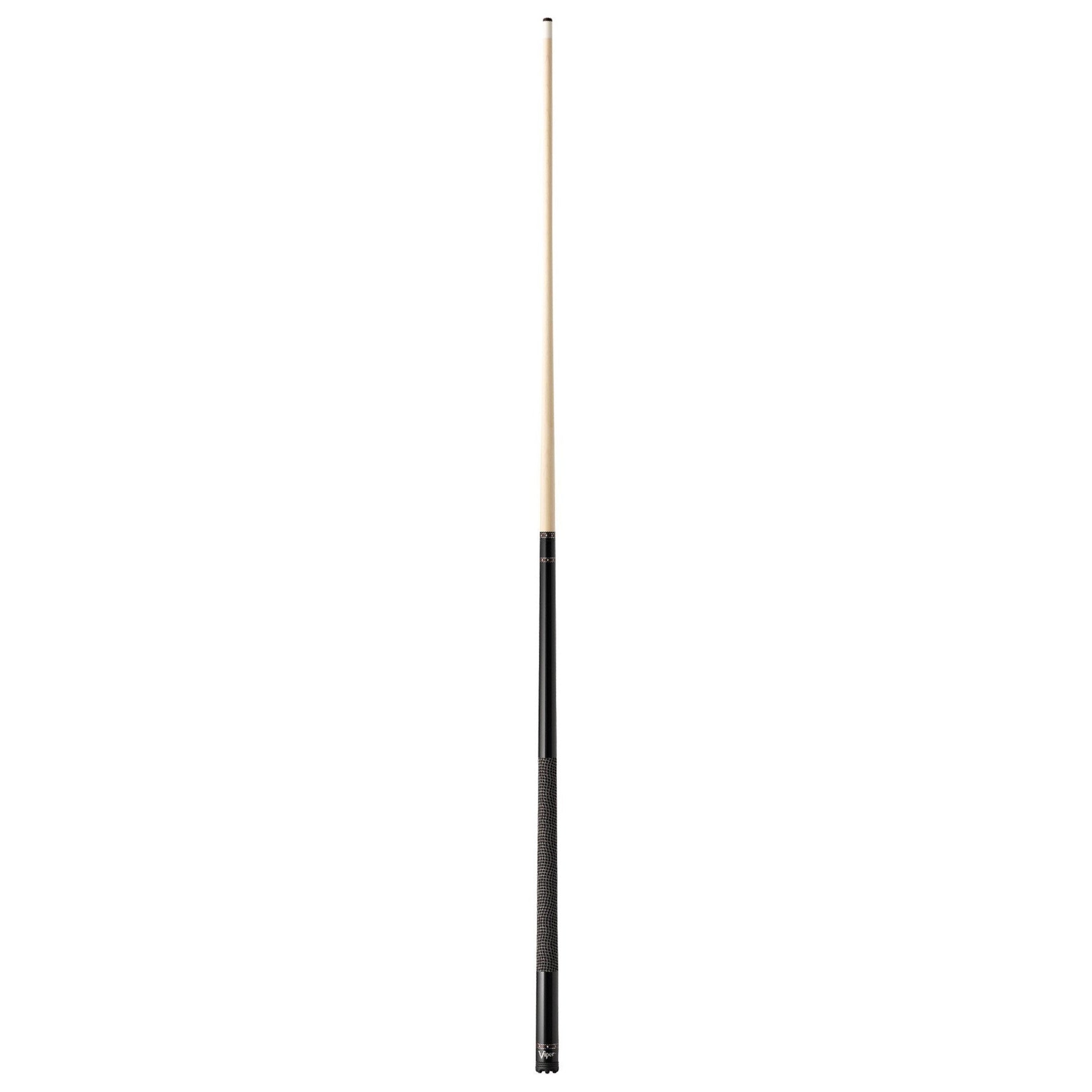Billiards cue stick with natural wood shaft and black wrap grip section at bottom