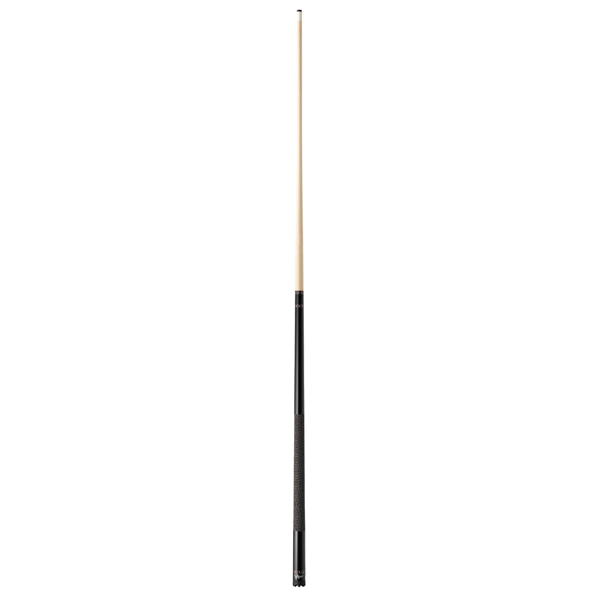 Billiards cue stick with natural wood shaft and black wrap grip section at bottom