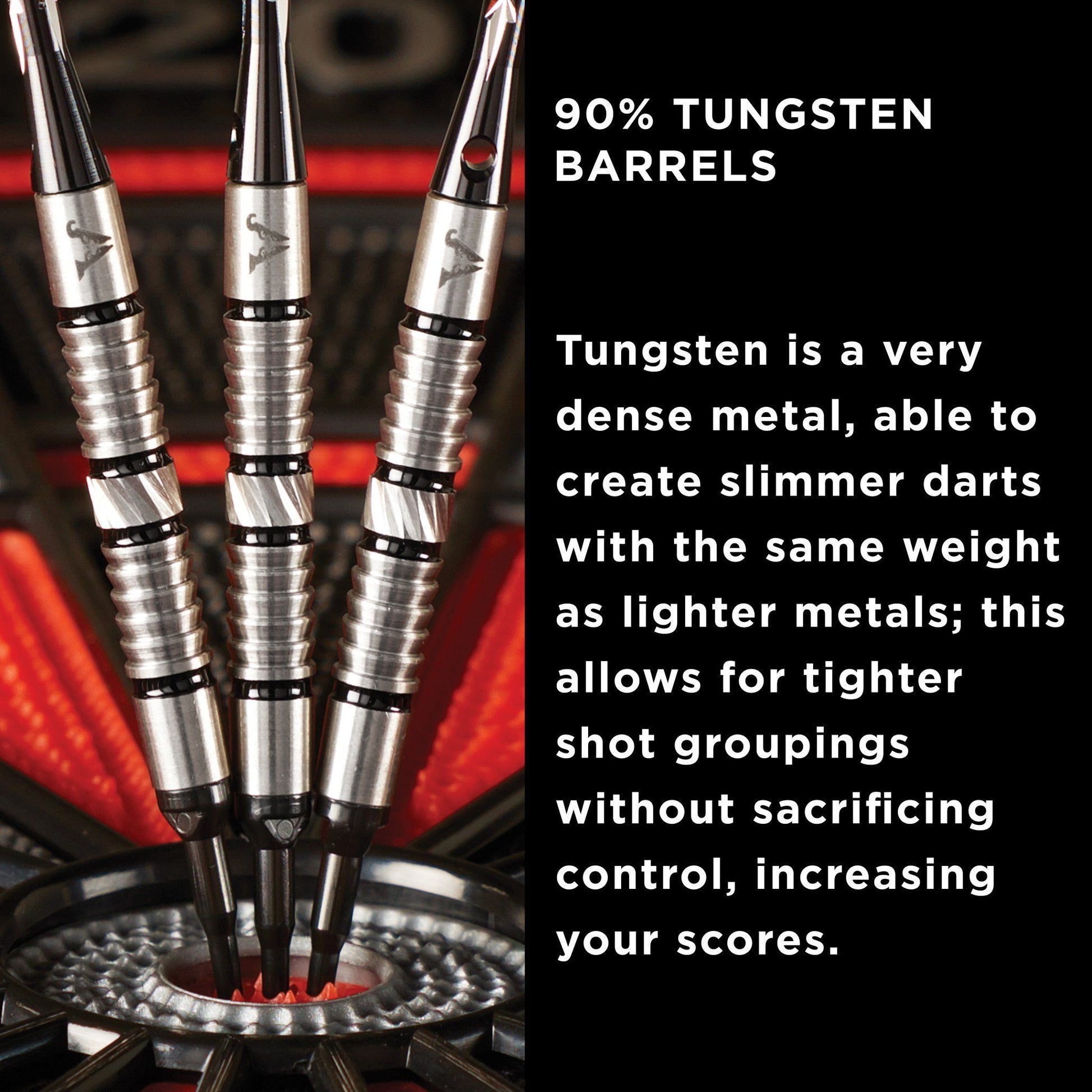 Three silver darts with knurled barrels and black bands in a dartboard, with red lighting in background