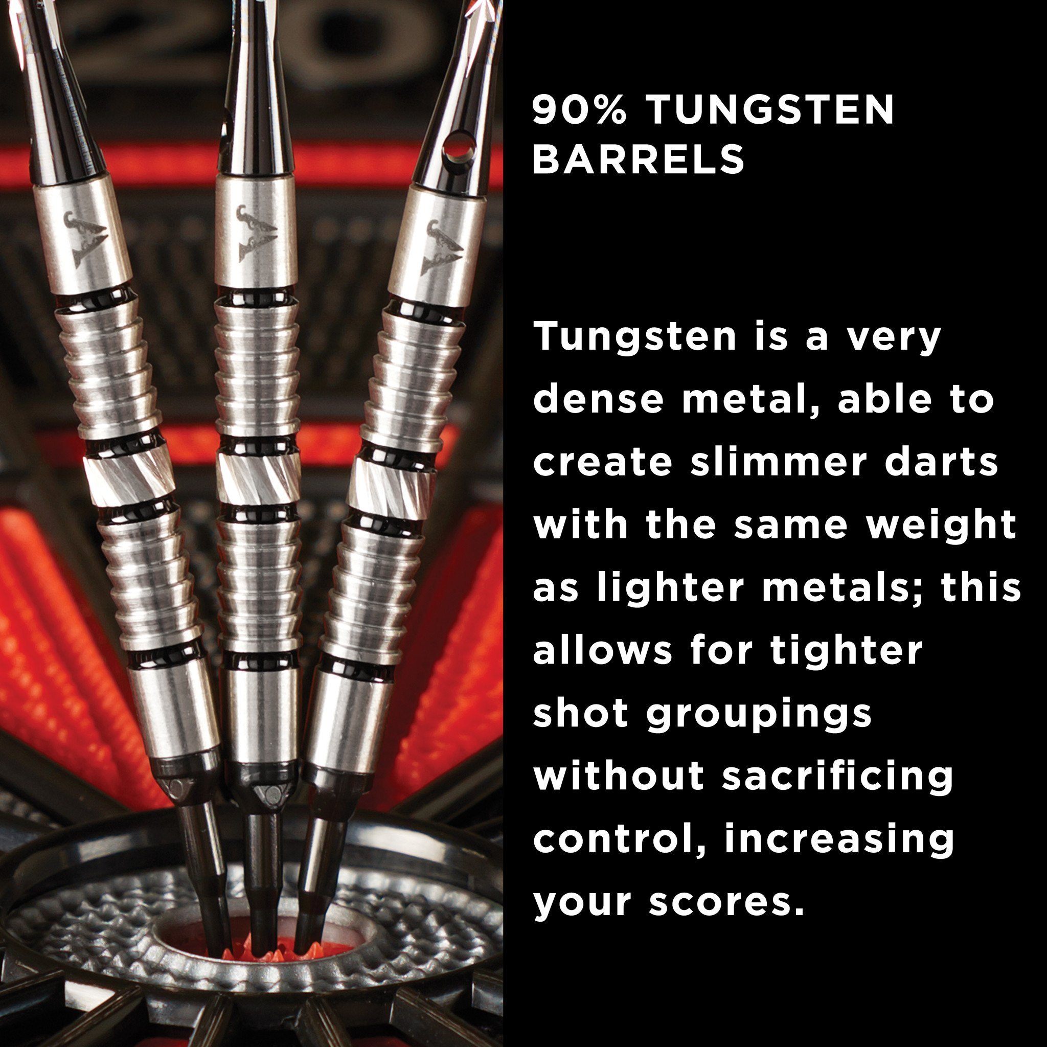 Three silver darts with knurled barrels and black bands in a dartboard, with red lighting in background