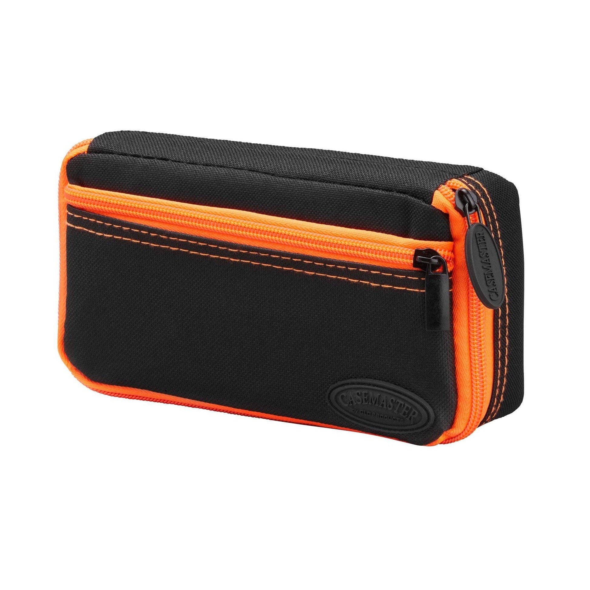 Black nylon dart case with bright orange trim and dual zippered compartments, black pull tabs on side zippers
