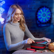 A person placing a smartphone into a black dart case with red zipper