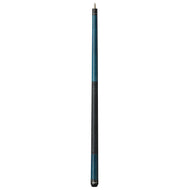 Billiards cue stick with teal blue shaft, black wraparound grip in middle, and black ferrule and tip at top