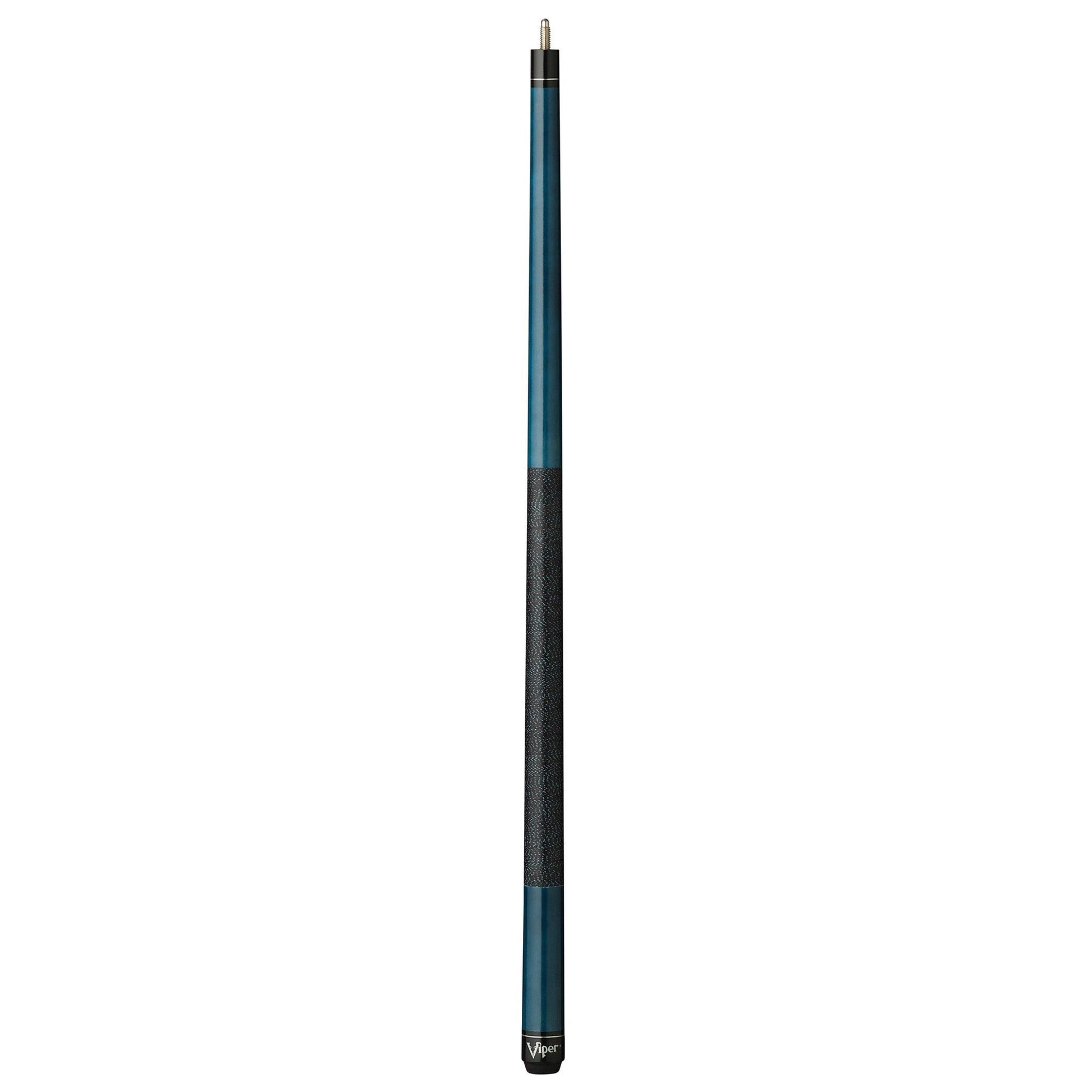 Billiards cue stick with teal blue shaft, black wraparound grip in middle, and black ferrule and tip at top