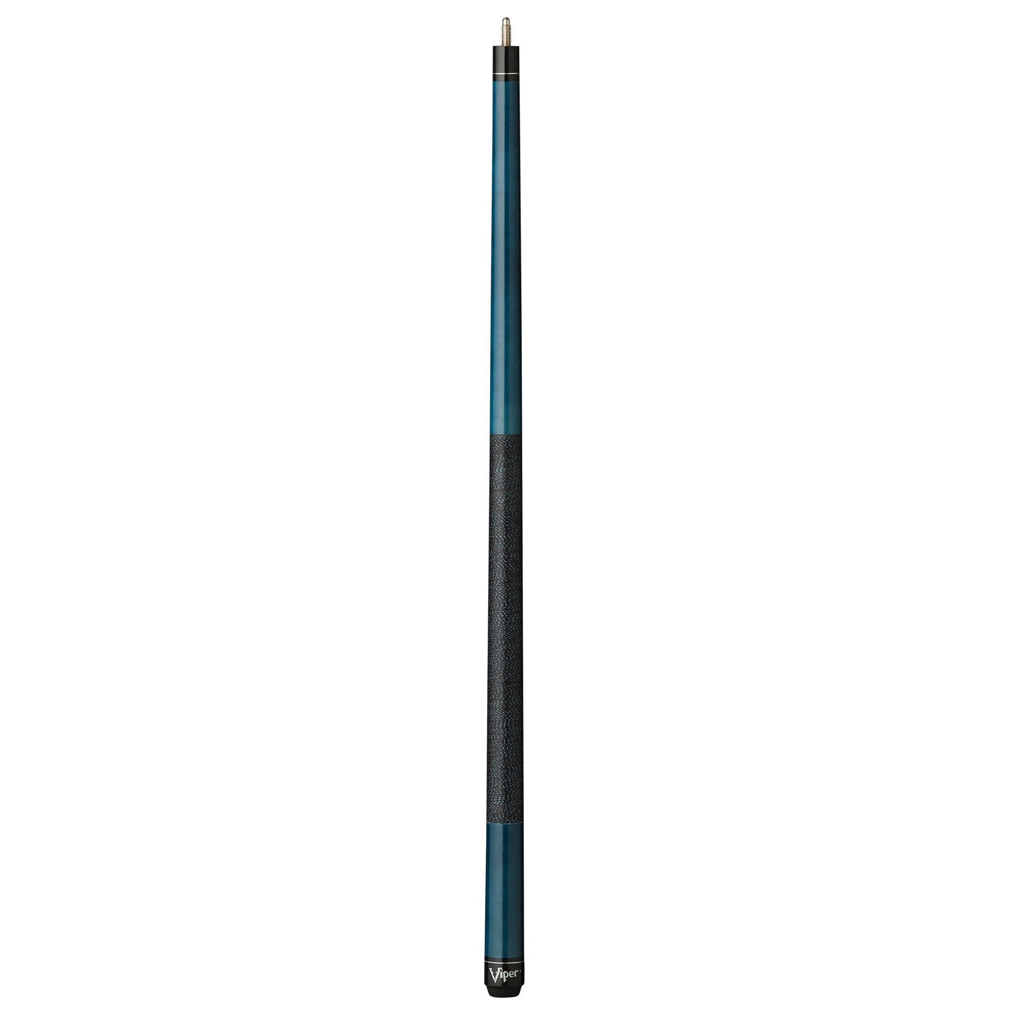 Billiards cue stick with teal blue shaft, black wraparound grip in middle, and black ferrule and tip at top